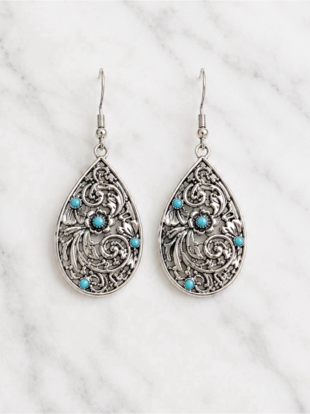 Silver Tone Teardrop Filigree Earrings with Turquoise Accents